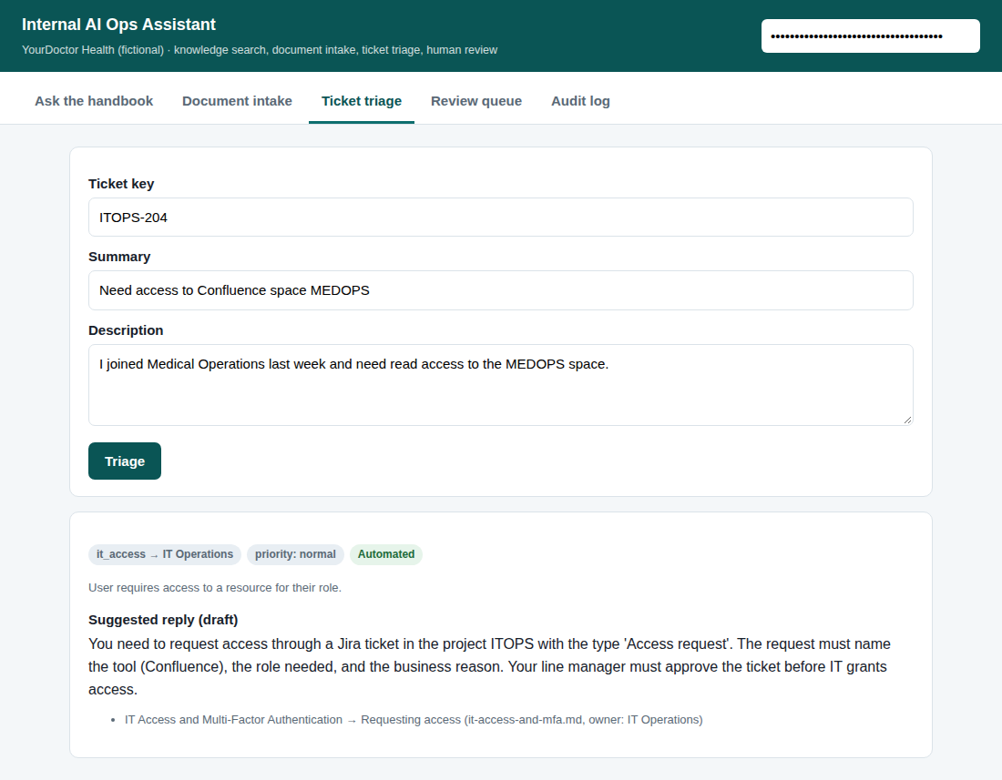 Ticket triaged to IT Operations with reply draft