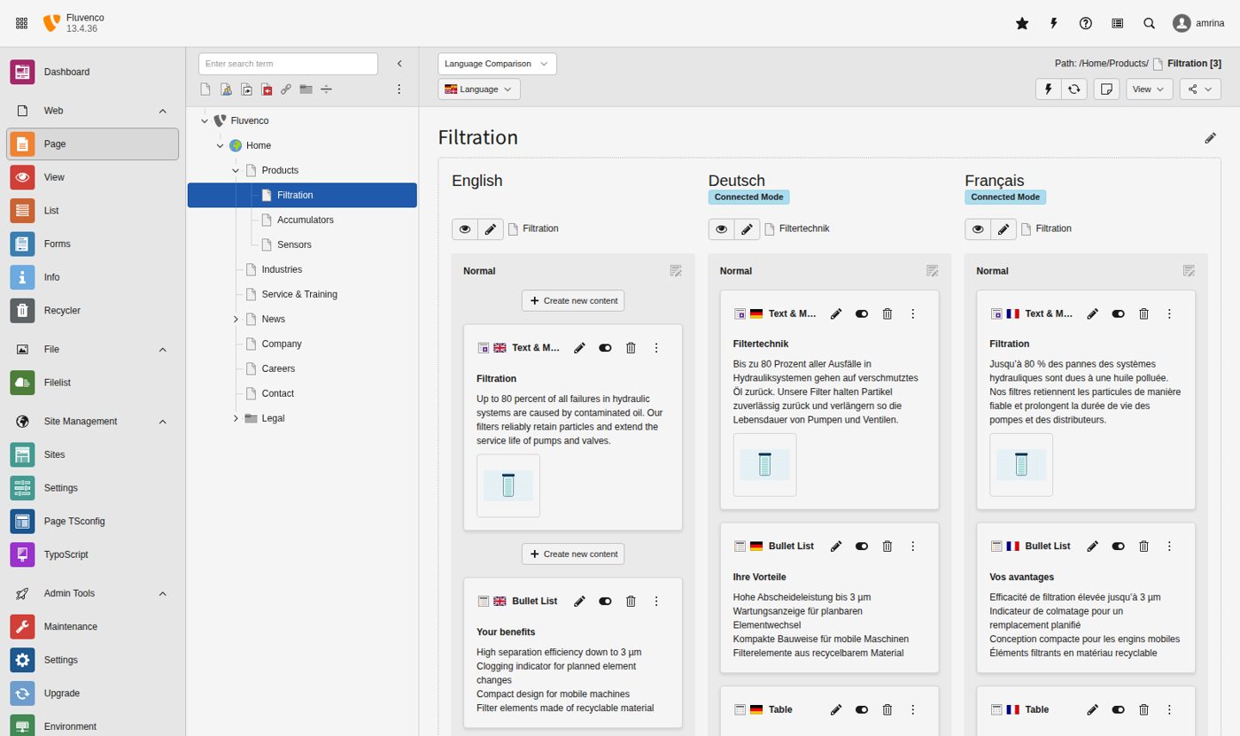 TYPO3 page module comparing English, German and French content