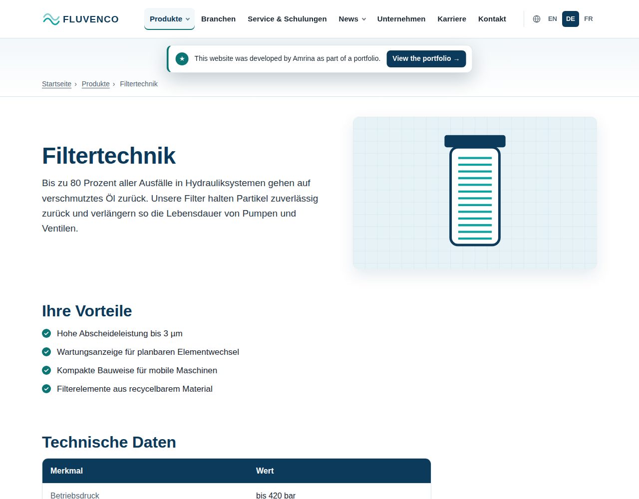 Filtration product page in German