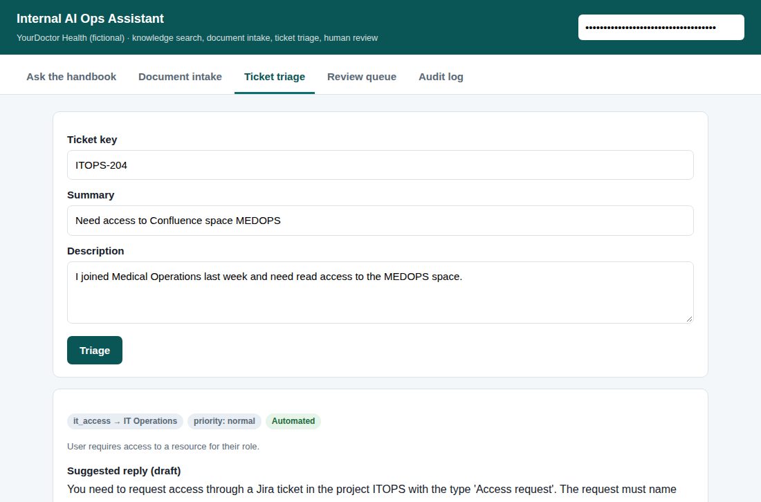 Ticket triage screen of the Internal AI Ops Assistant