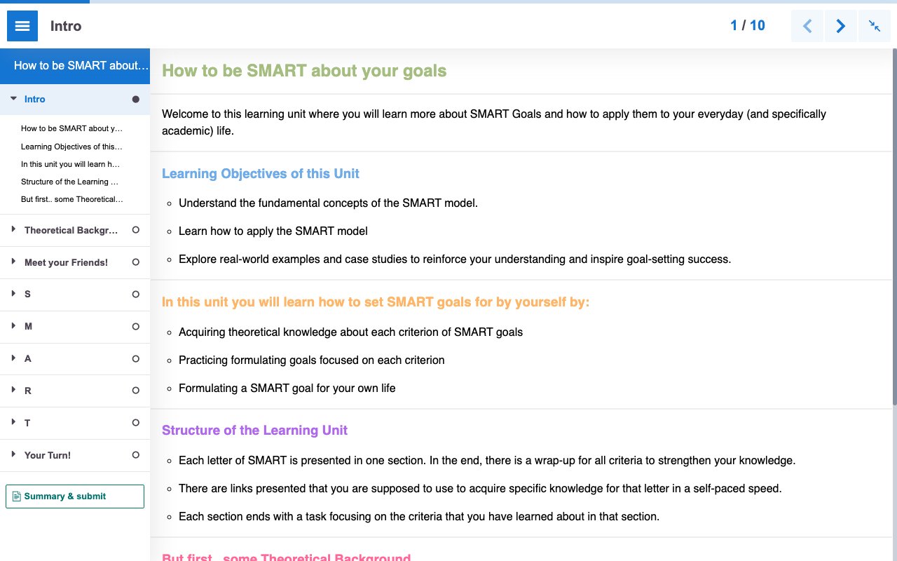Screenshot of the interactive e-learning unit How to be SMART about your goals