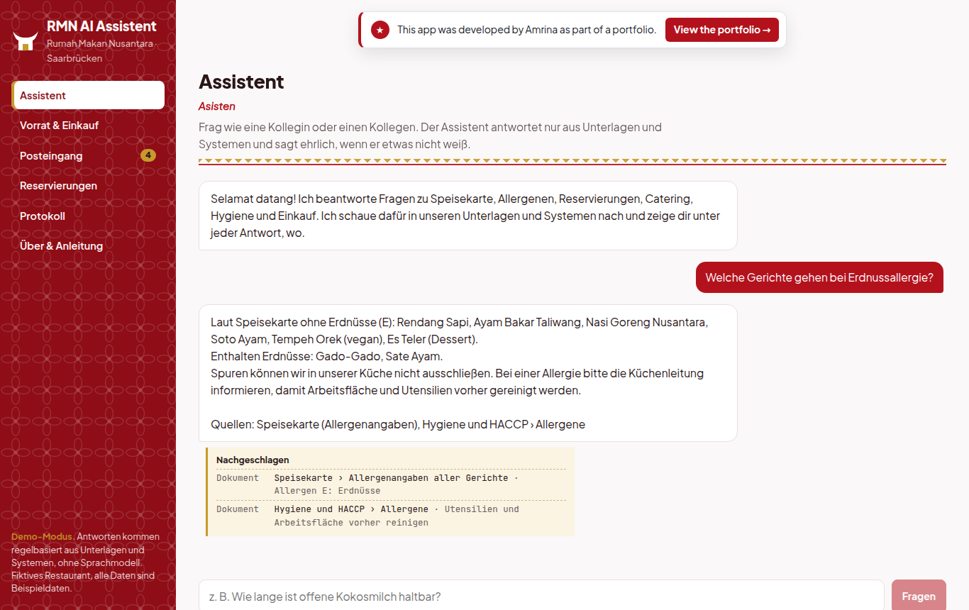 Chat answer listing dishes without peanuts, with a receipt of the documents used