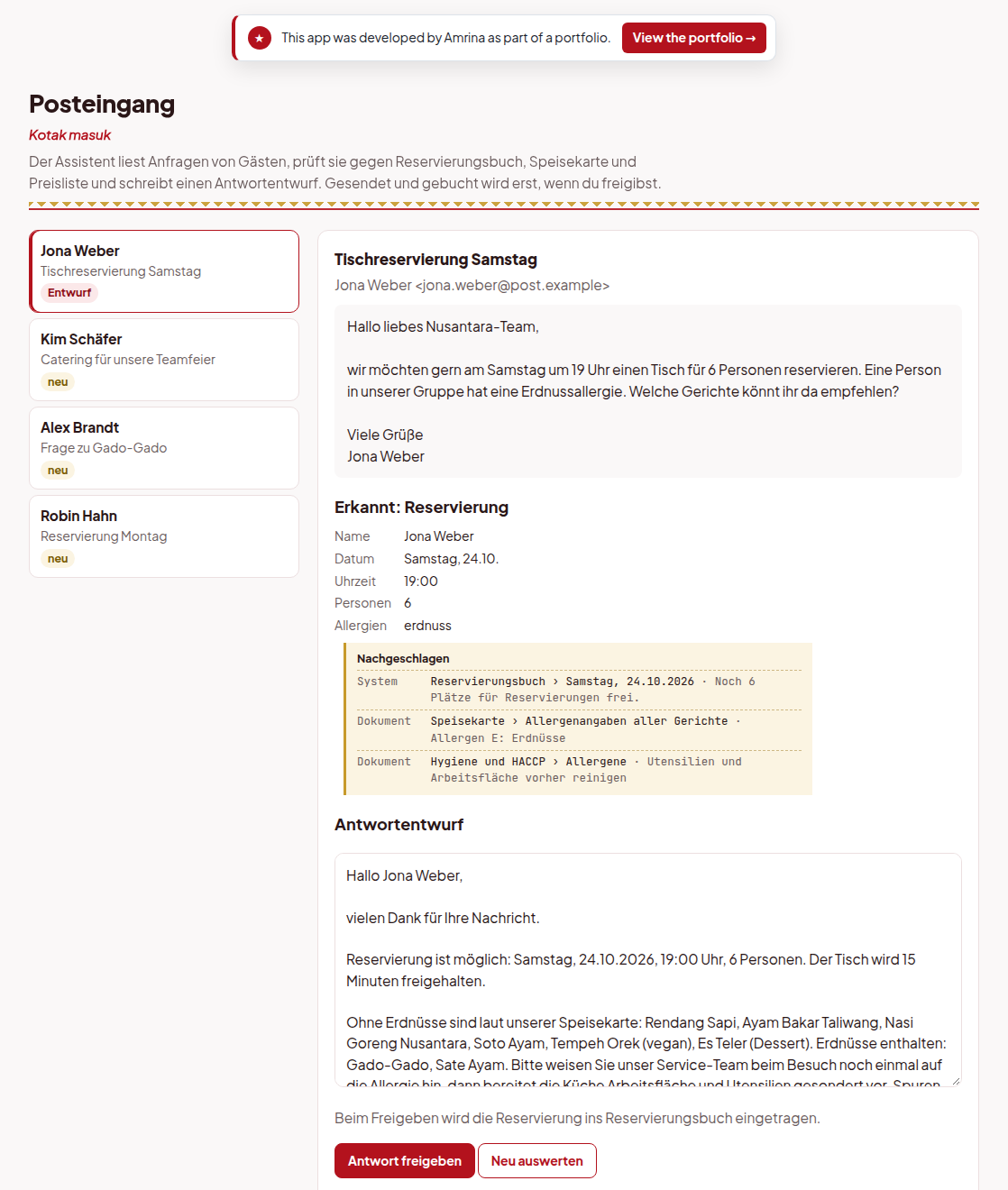 Reservation e-mail with extracted fields, checks and a reply draft