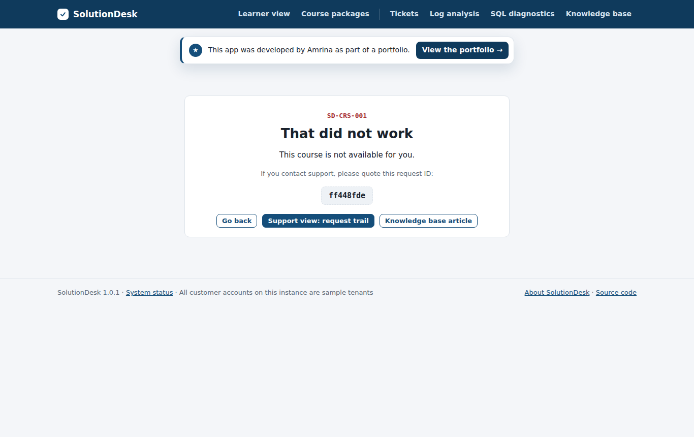 Learner error page with error code and request ID