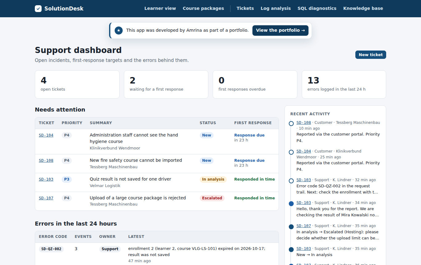 Support dashboard with tickets that need attention, SLA and recent activity
